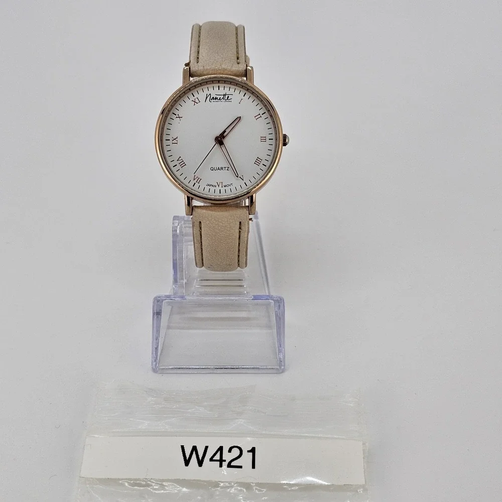 Women's Analog Watch 36MM White Dial Cream Faux Leather Bands NEW Battery